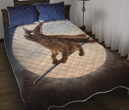 Halloween Flying Witch Cat Print Quilt Bed Set
