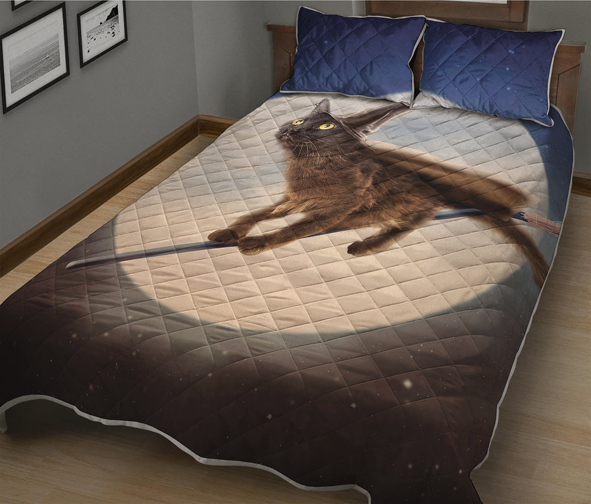 Halloween Flying Witch Cat Print Quilt Bed Set