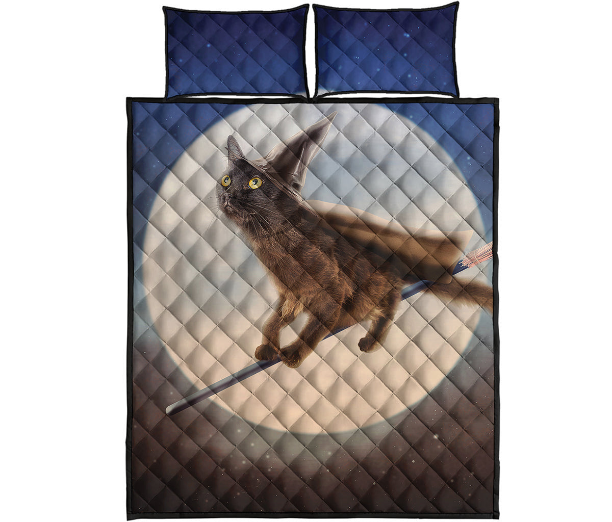 Halloween Flying Witch Cat Print Quilt Bed Set