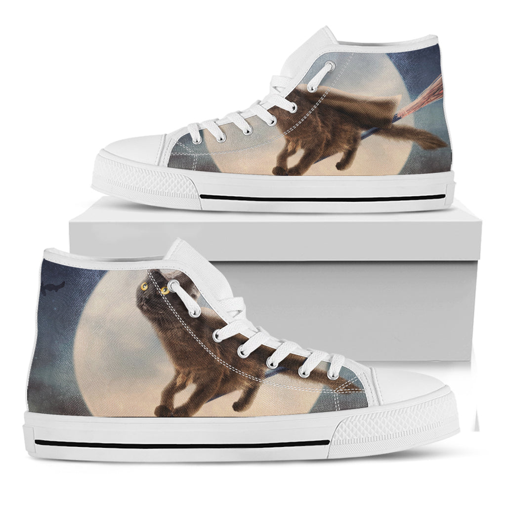 Halloween Flying Witch Cat Print White High Top Shoes