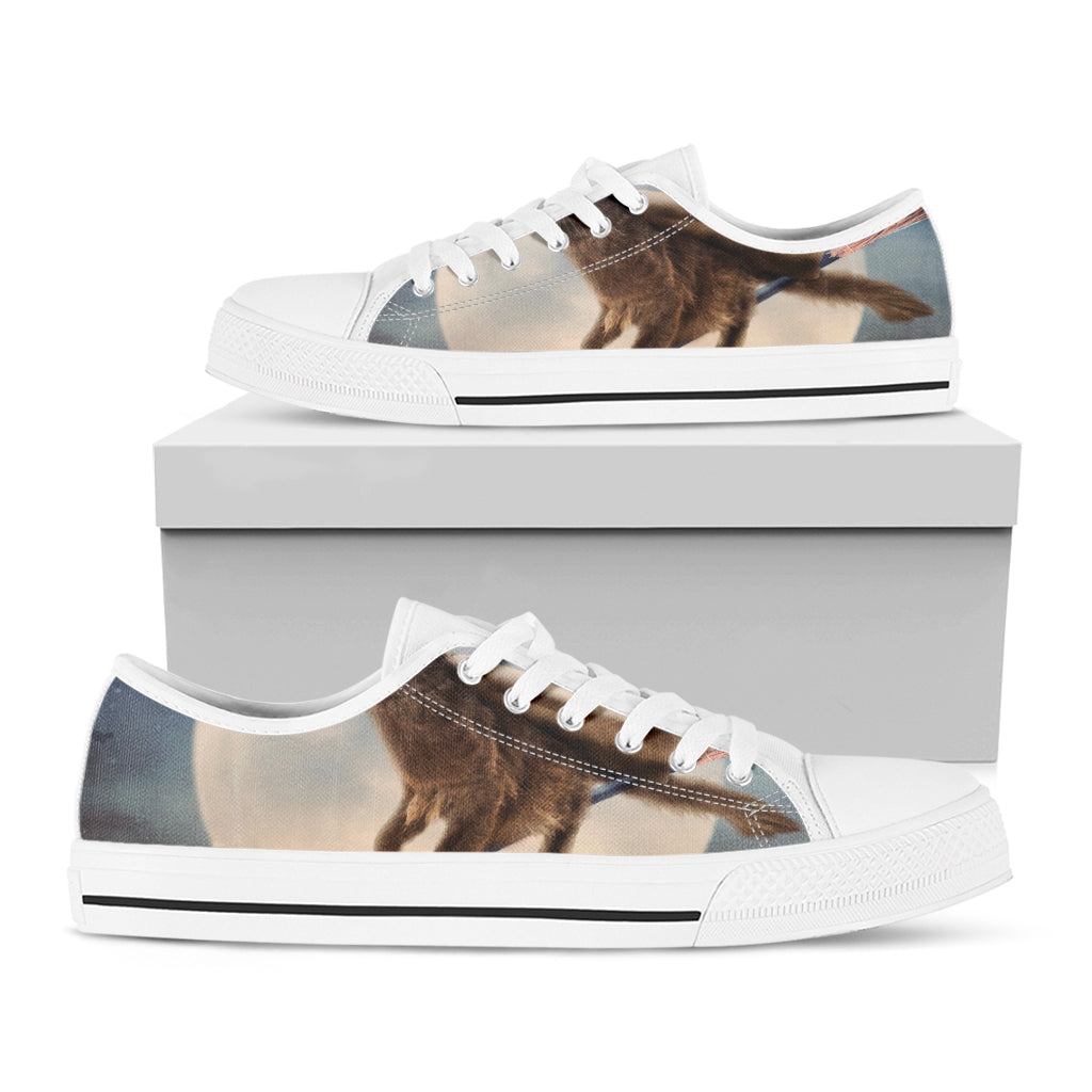 Halloween Flying Witch Cat Print White Low Top Shoes