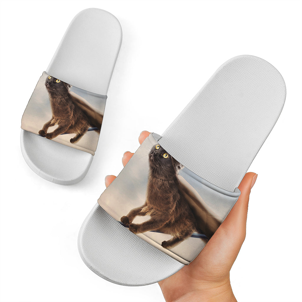 Halloween Flying Witch Cat Print White Slide Sandals