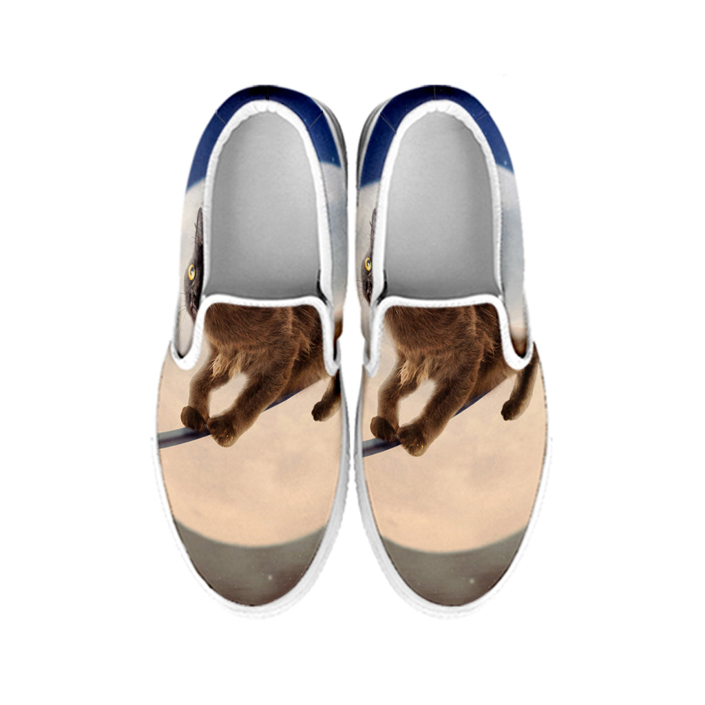 Halloween Flying Witch Cat Print White Slip On Shoes