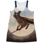 Halloween Flying Witch Cat Print Women's Racerback Tank Top
