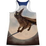 Halloween Flying Witch Cat Print Women's Racerback Tank Top