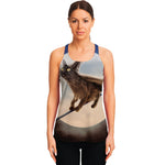 Halloween Flying Witch Cat Print Women's Racerback Tank Top