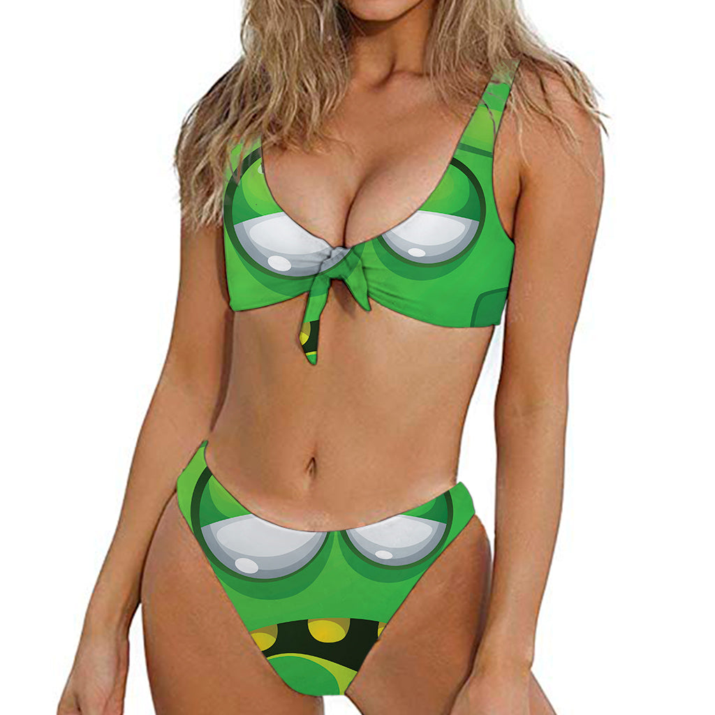 Halloween Frankenstein Face Print Front Bow Tie Bikini