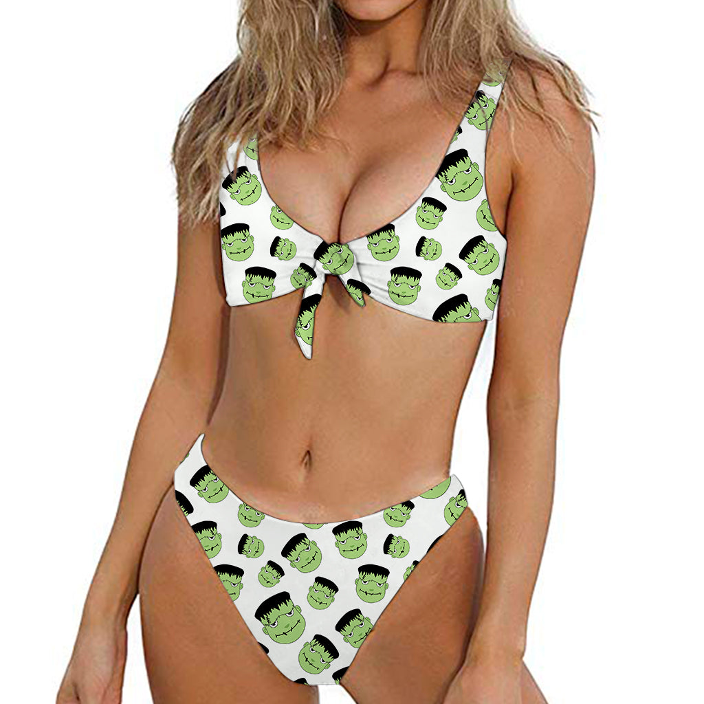 Halloween Frankenstein Pattern Print Front Bow Tie Bikini