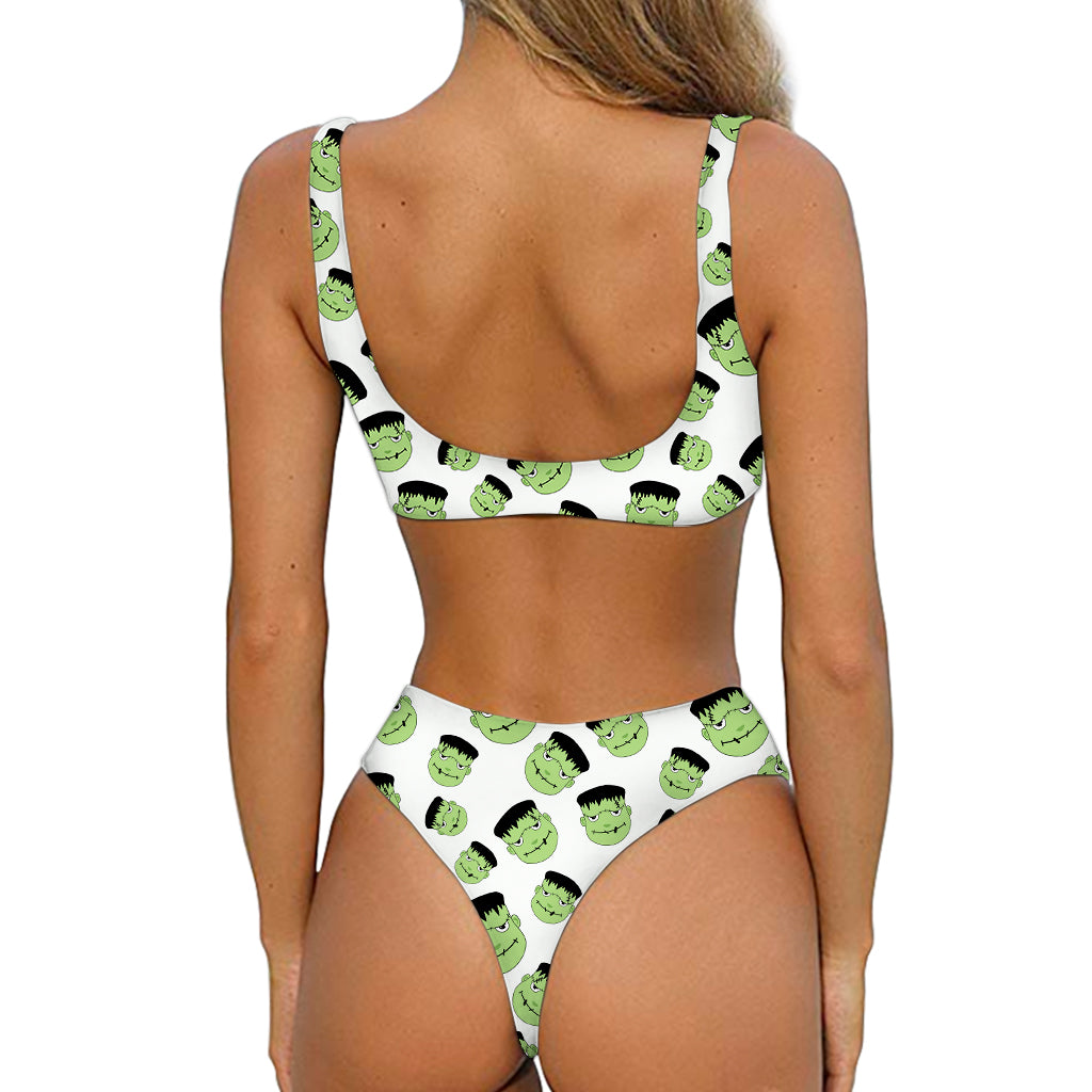 Halloween Frankenstein Pattern Print Front Bow Tie Bikini