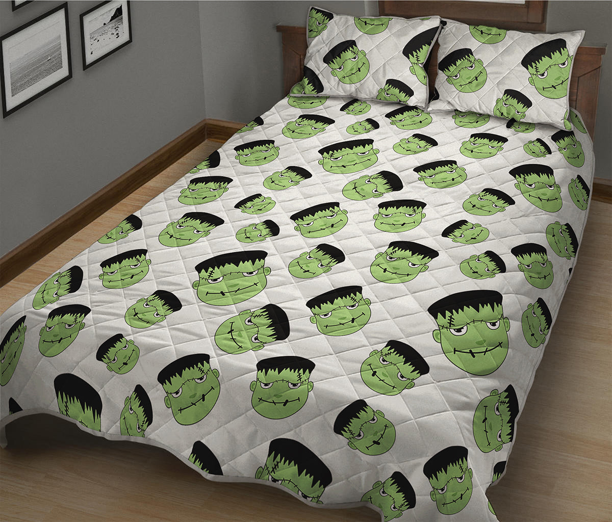 Halloween Frankenstein Pattern Print Quilt Bed Set