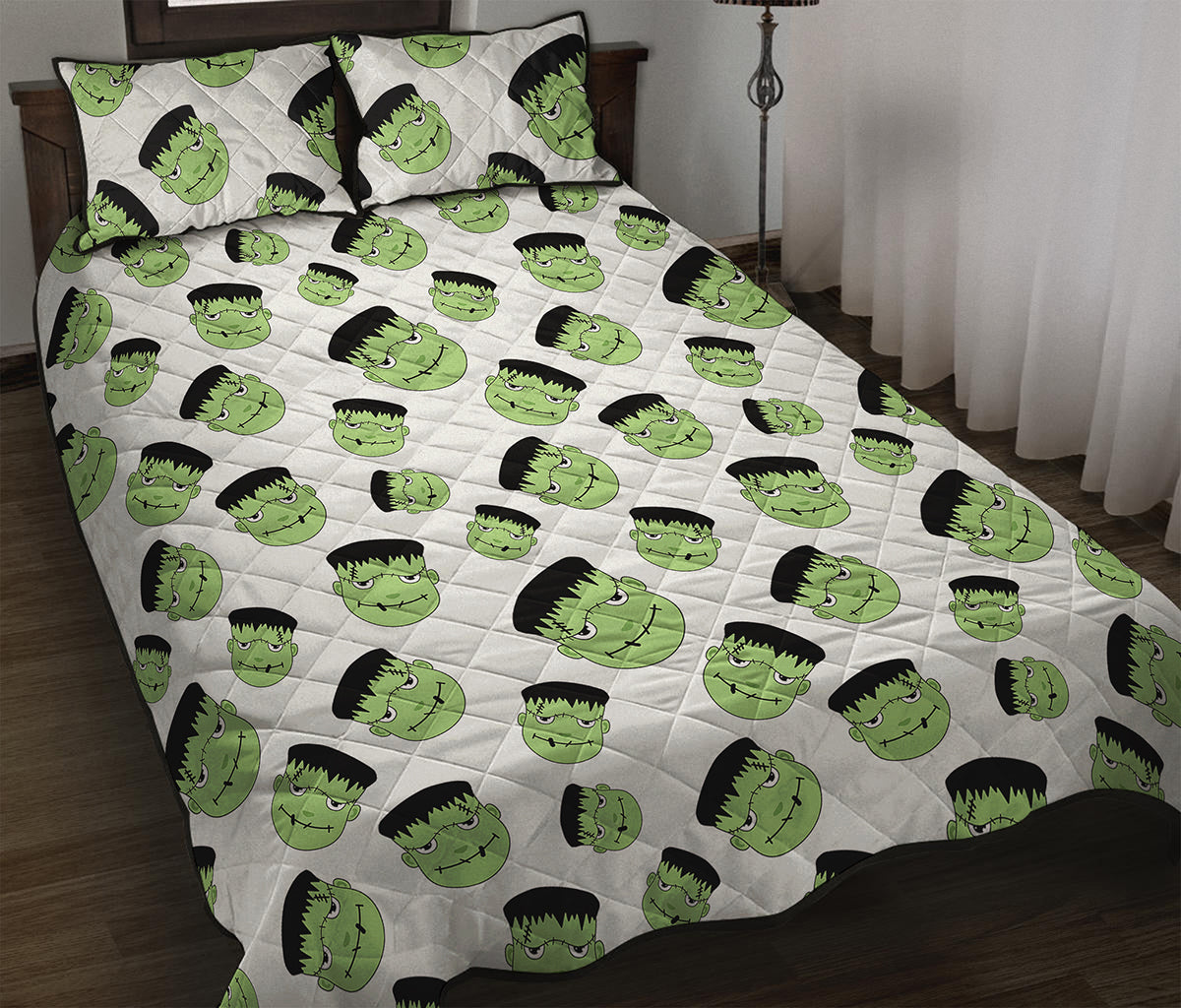 Halloween Frankenstein Pattern Print Quilt Bed Set