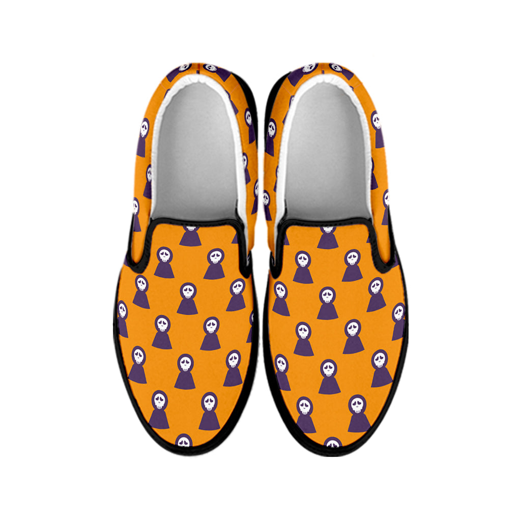 Halloween Grim Reaper Pattern Print Black Slip On Shoes