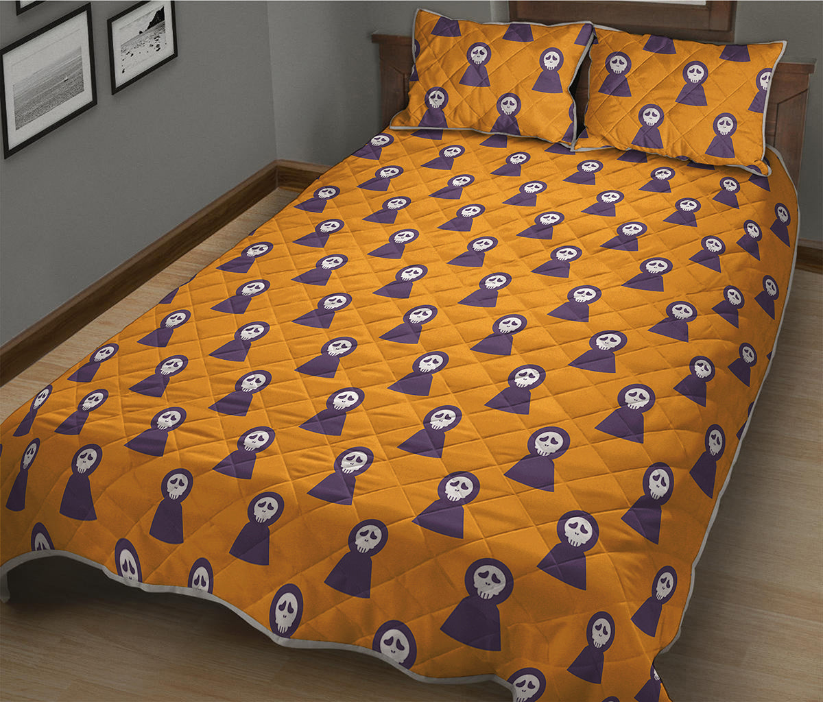 Halloween Grim Reaper Pattern Print Quilt Bed Set