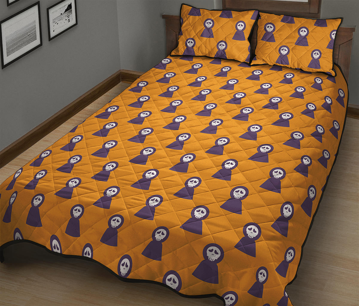 Halloween Grim Reaper Pattern Print Quilt Bed Set