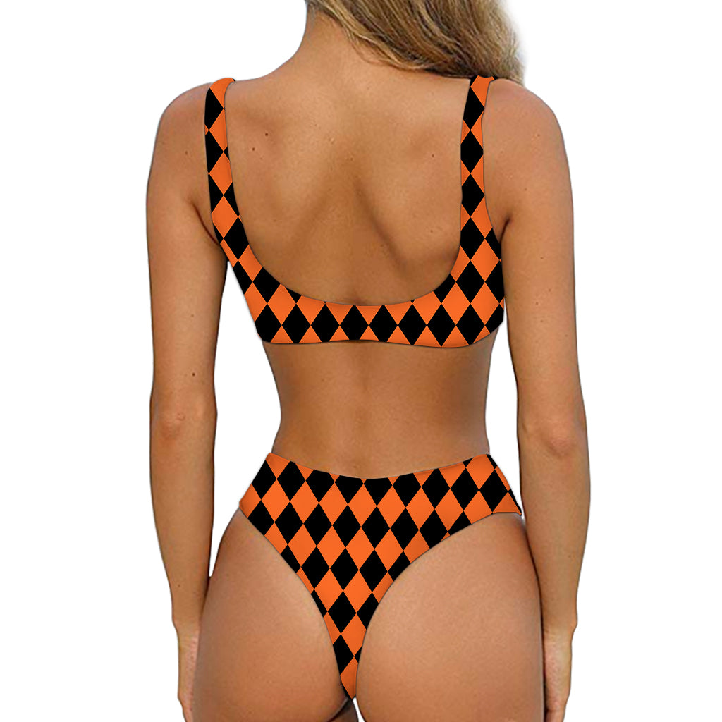 Halloween Harlequin Pattern Print Front Bow Tie Bikini