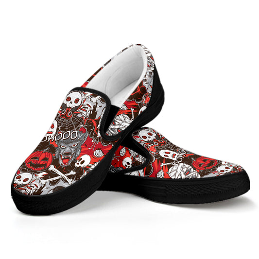 Halloween Monsters Pattern Print Black Slip On Shoes