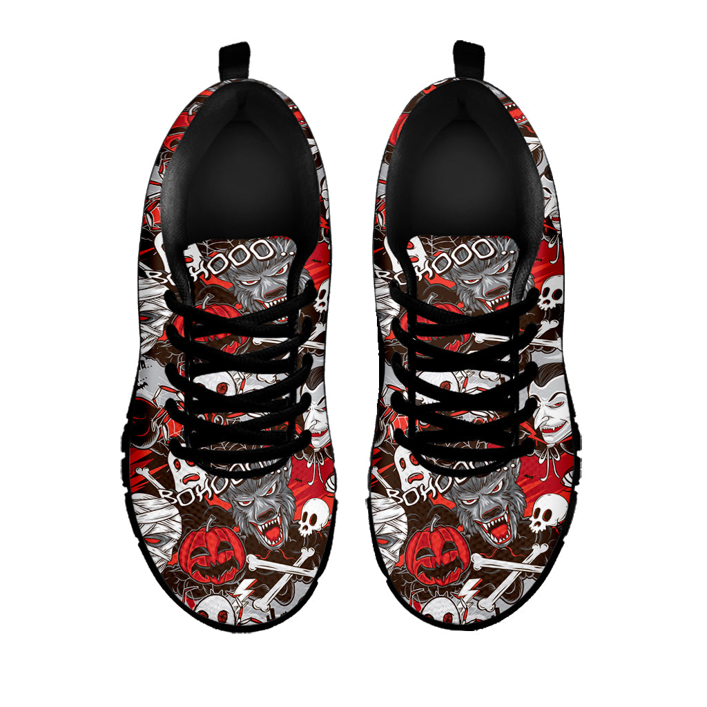 Halloween Monsters Pattern Print Black Sneakers