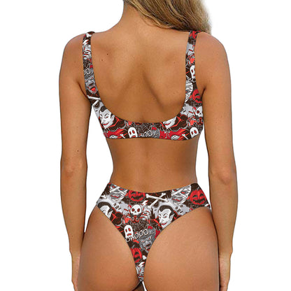 Halloween Monsters Pattern Print Front Bow Tie Bikini