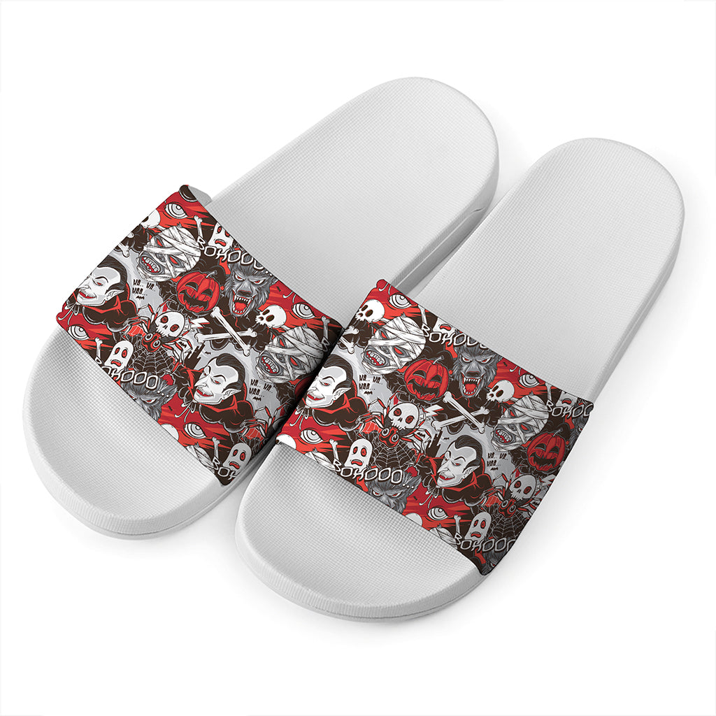 Halloween Monsters Pattern Print White Slide Sandals