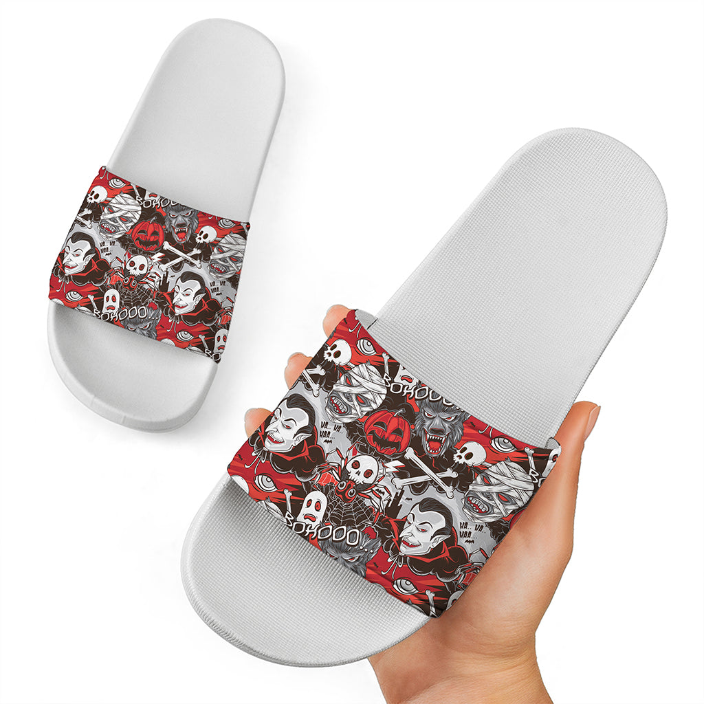Halloween Monsters Pattern Print White Slide Sandals