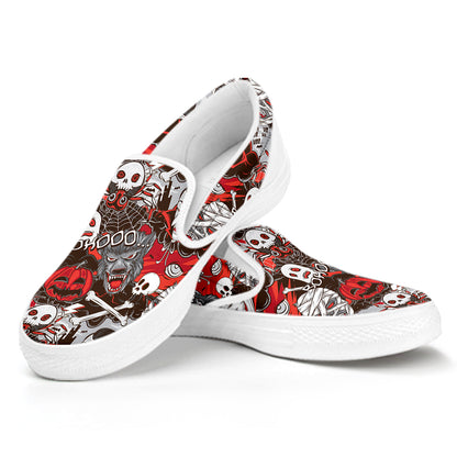 Halloween Monsters Pattern Print White Slip On Shoes