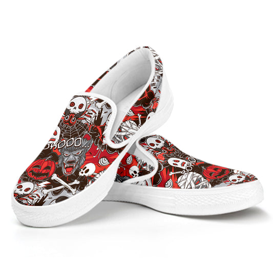 Halloween Monsters Pattern Print White Slip On Shoes