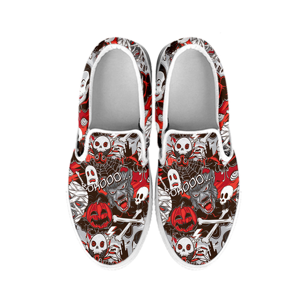 Halloween Monsters Pattern Print White Slip On Shoes