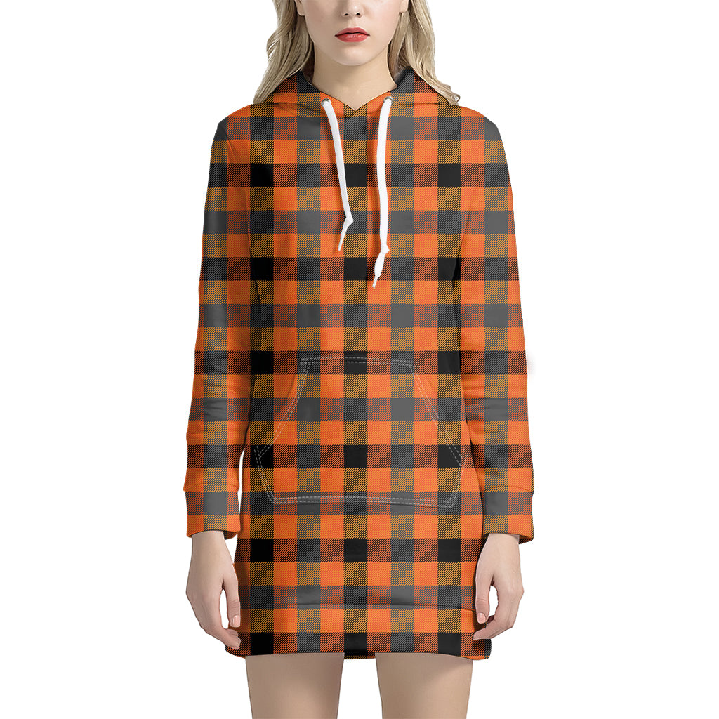 Halloween Orange Buffalo Check Print Hoodie Dress