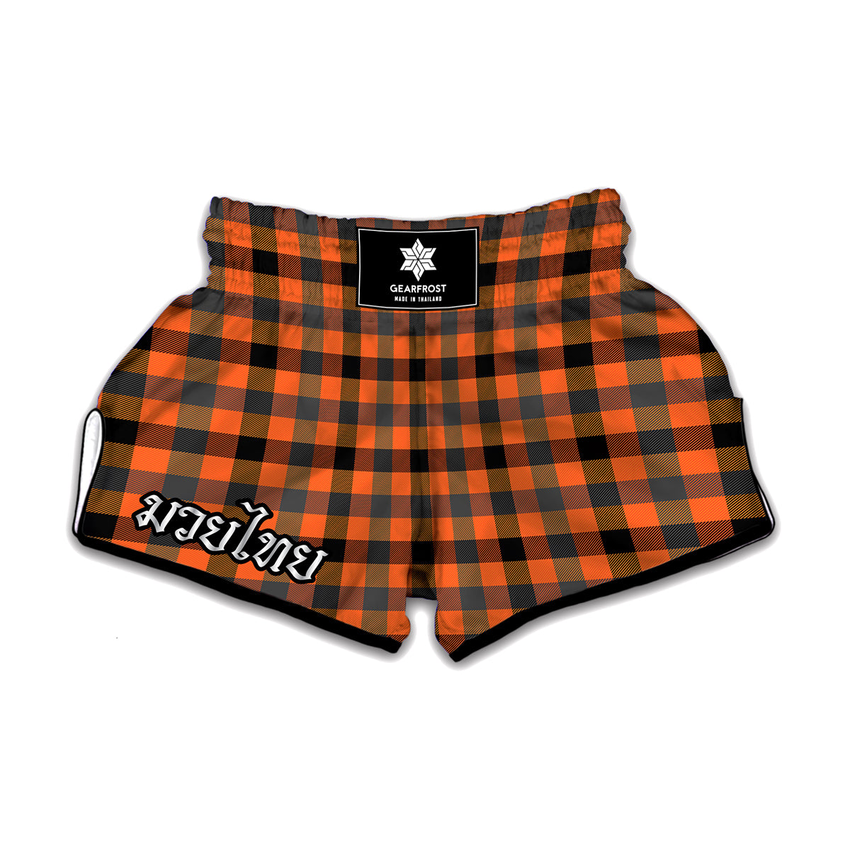 Halloween Orange Buffalo Check Print Muay Thai Boxing Shorts