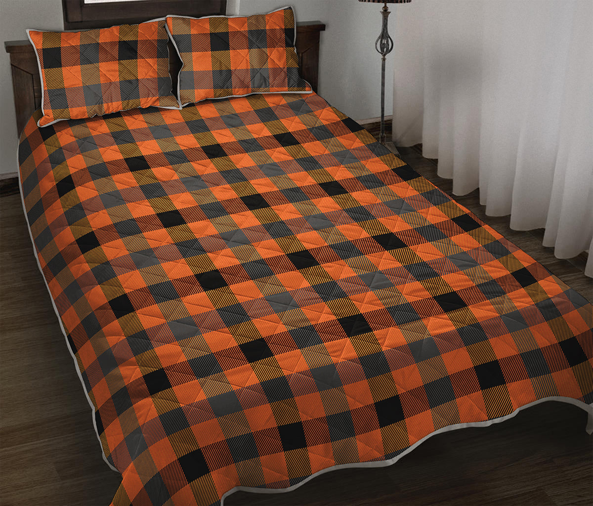 Halloween Orange Buffalo Check Print Quilt Bed Set