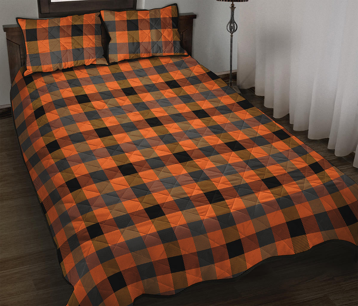 Halloween Orange Buffalo Check Print Quilt Bed Set