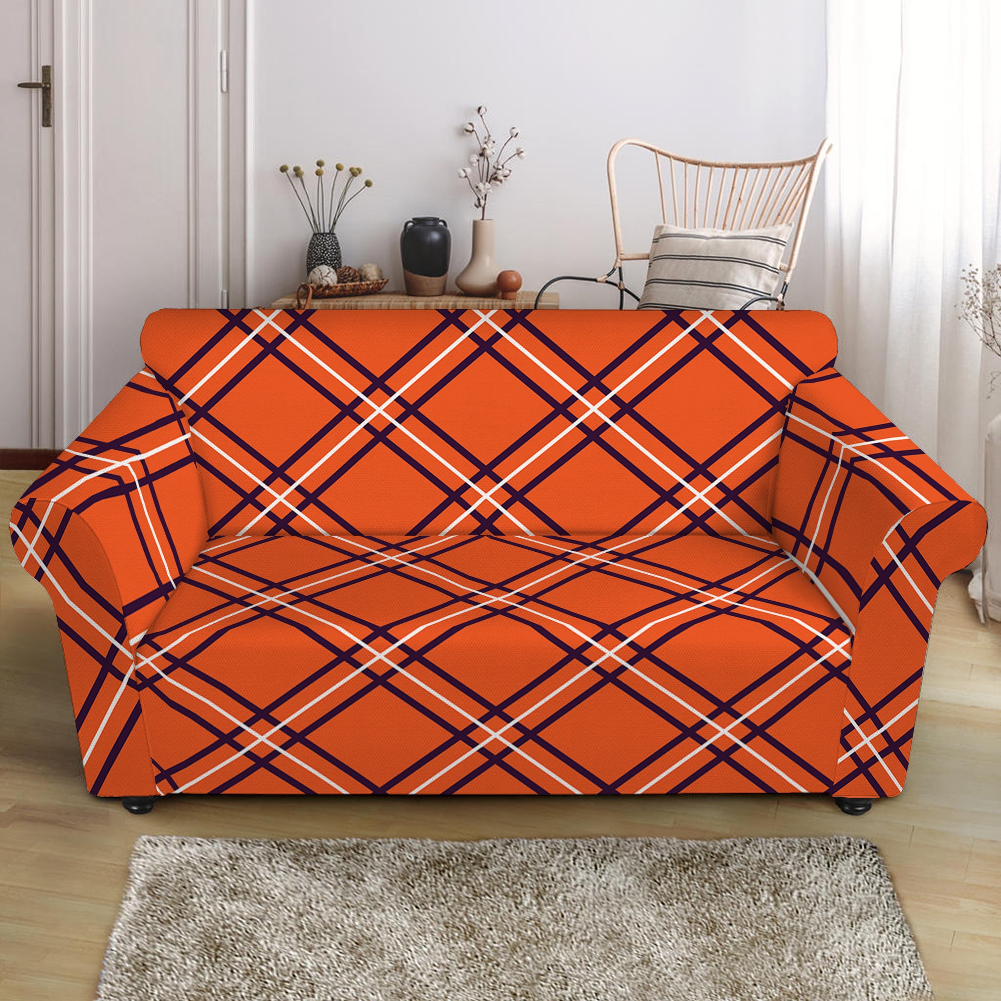 Halloween Plaid Pattern Print Loveseat Slipcover