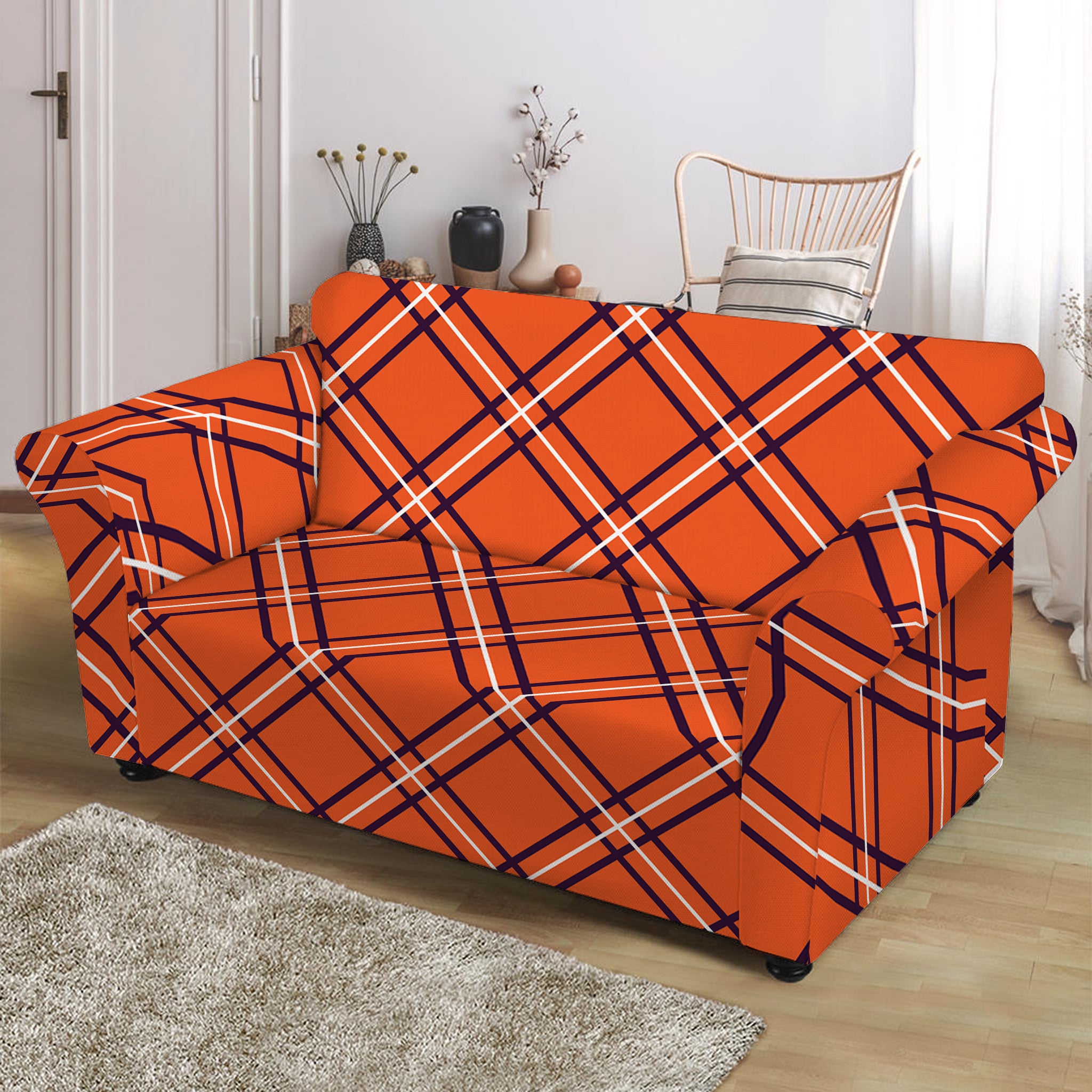 Halloween Plaid Pattern Print Loveseat Slipcover