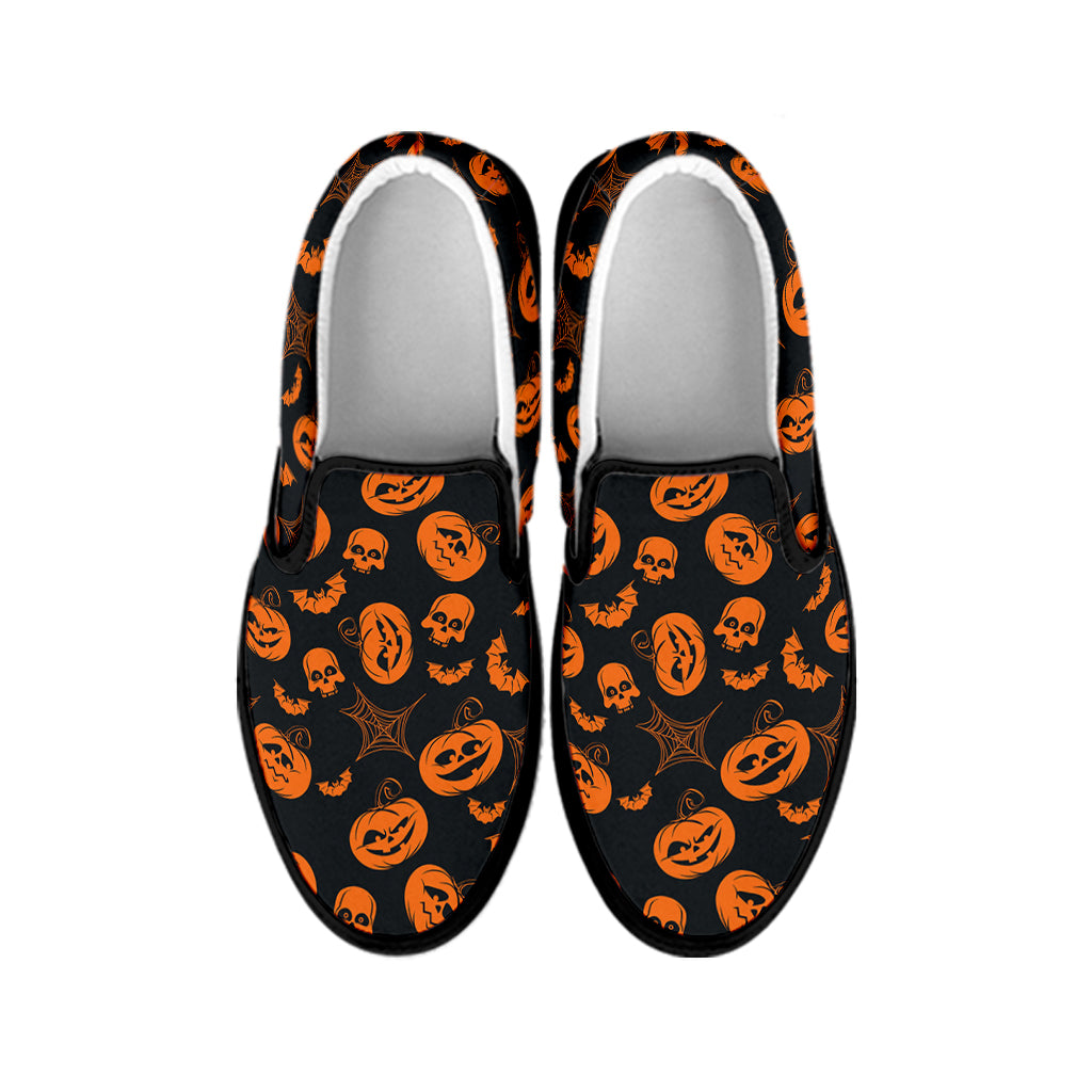 Halloween Pumpkin And Bat Pattern Print Black Slip On Shoes