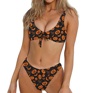 Halloween Pumpkin And Bat Pattern Print Front Bow Tie Bikini