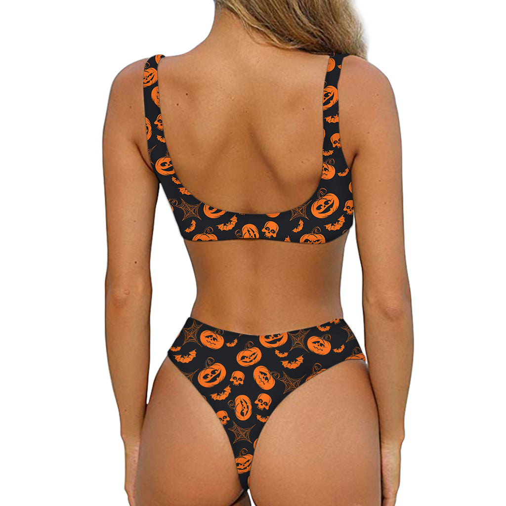 Halloween Pumpkin And Bat Pattern Print Front Bow Tie Bikini