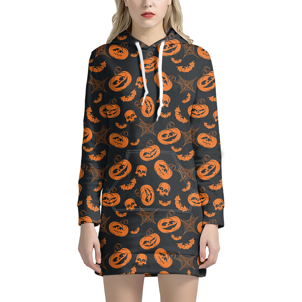 Halloween Pumpkin And Bat Pattern Print Hoodie Dress