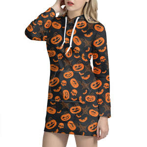 Halloween Pumpkin And Bat Pattern Print Hoodie Dress