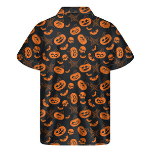 Halloween Pumpkin And Bat Pattern Print Men's Short Sleeve Shirt