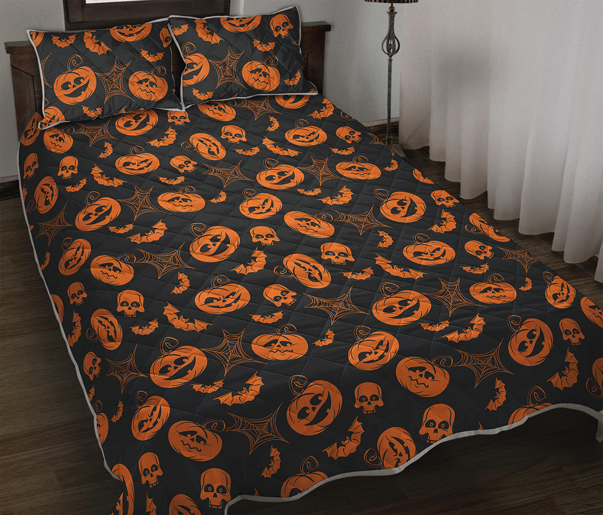 Halloween Pumpkin And Bat Pattern Print Quilt Bed Set