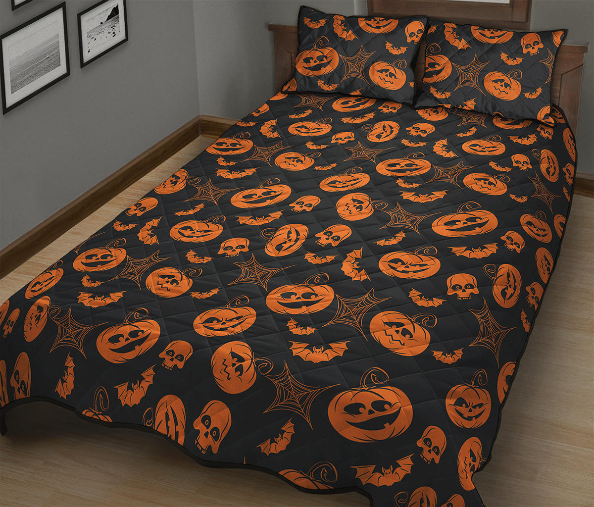 Halloween Pumpkin And Bat Pattern Print Quilt Bed Set