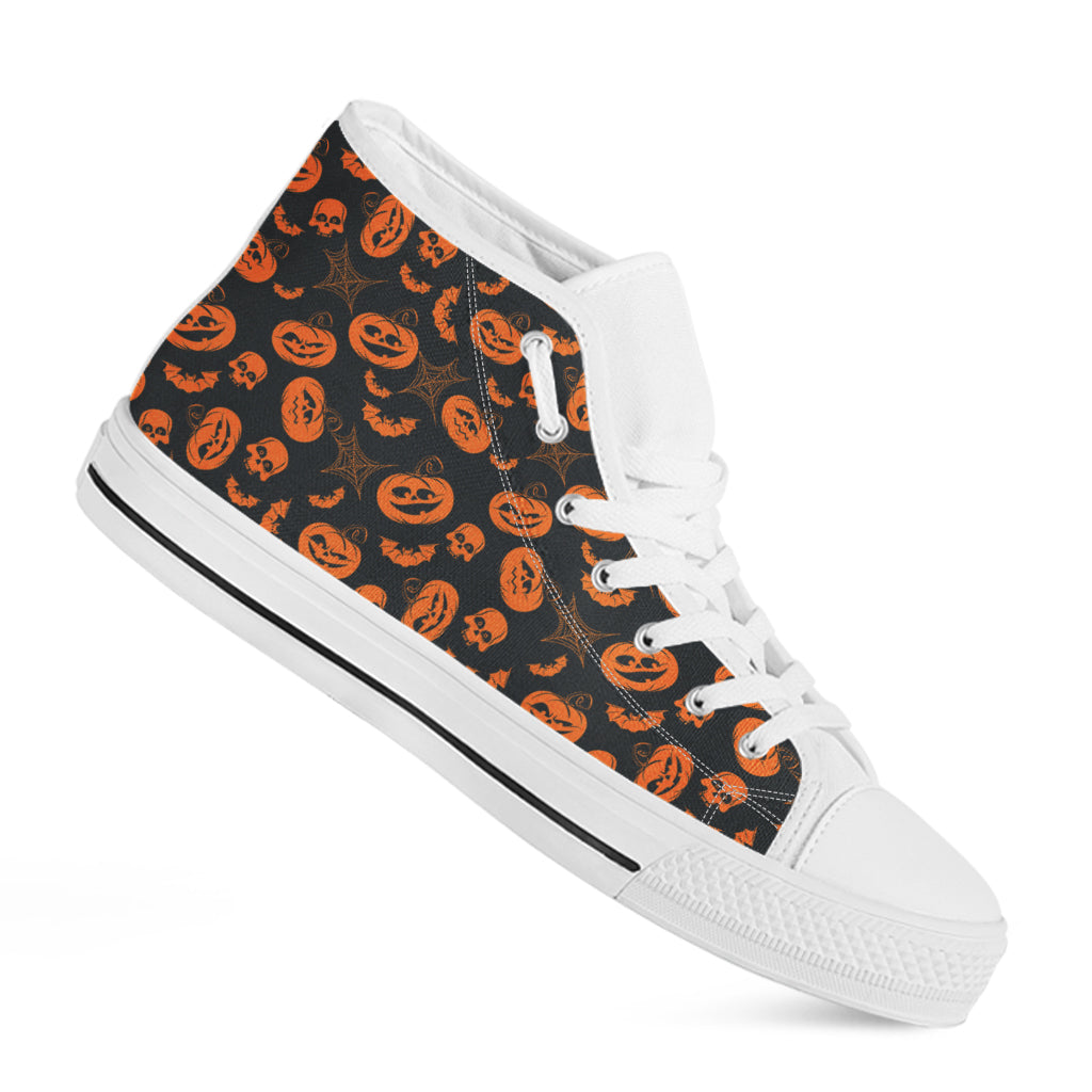 Halloween Pumpkin And Bat Pattern Print White High Top Shoes