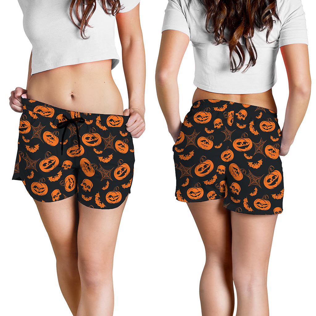 Halloween Pumpkin And Bat Pattern Print Women's Shorts