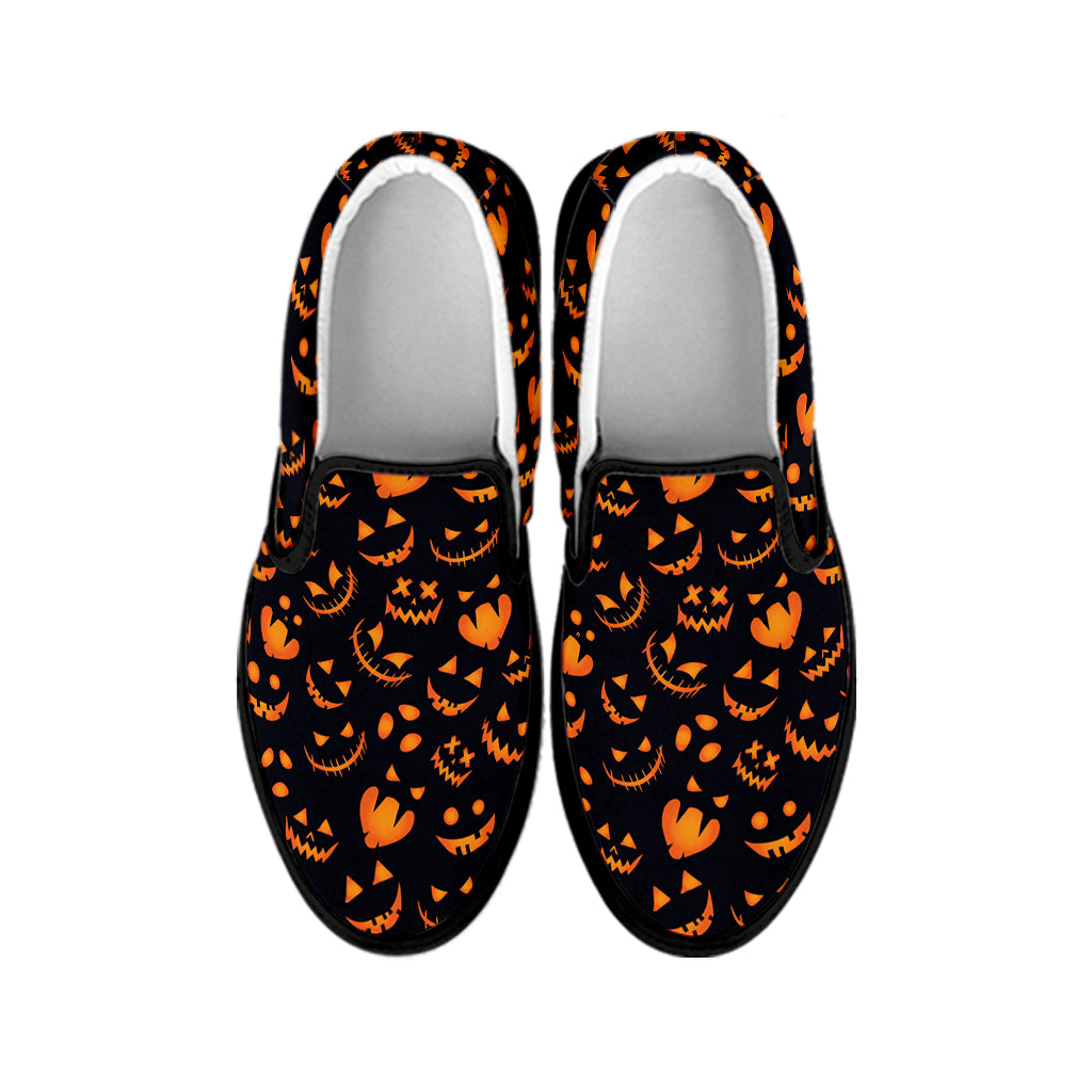 Halloween Pumpkin Faces Pattern Print Black Slip On Shoes