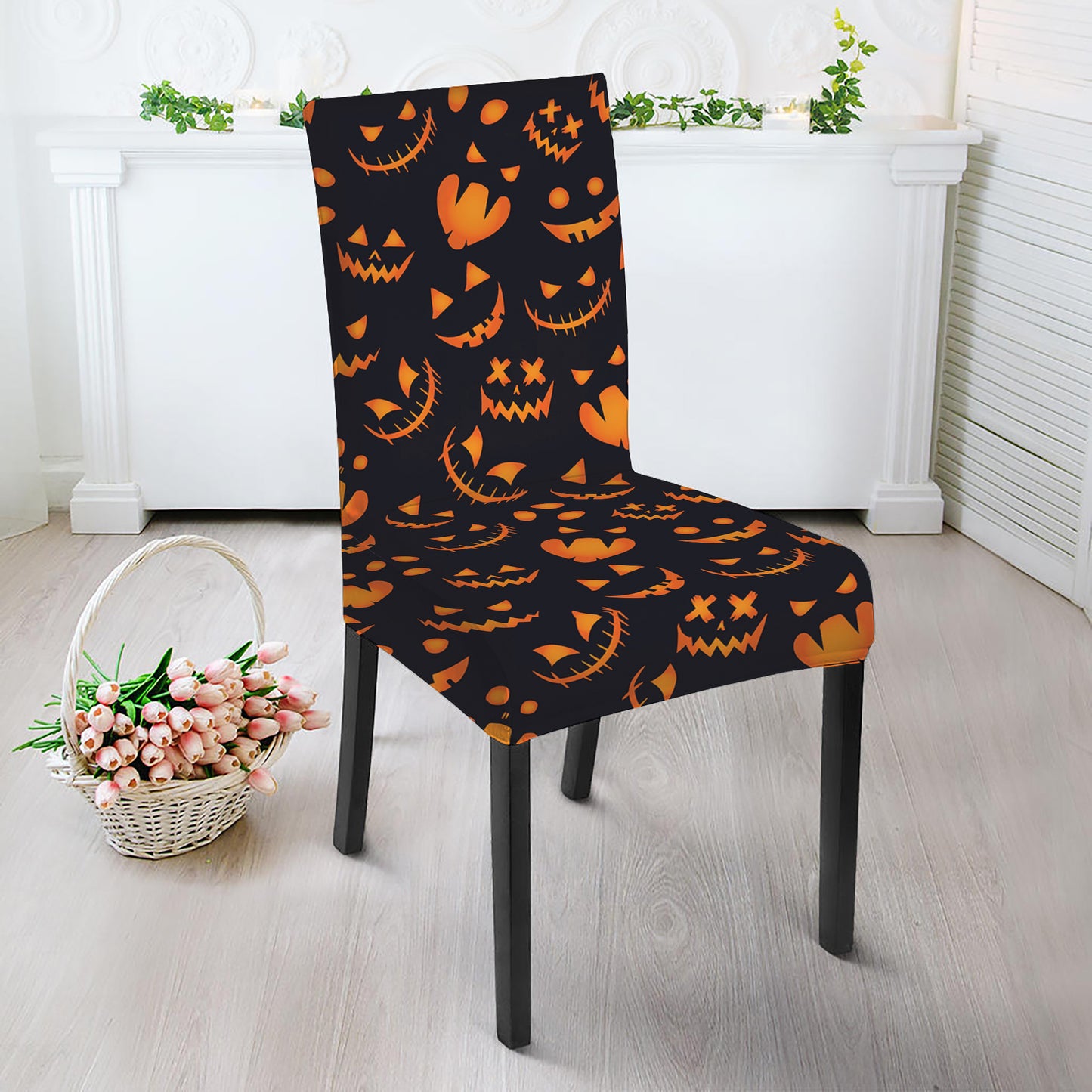 Halloween Pumpkin Faces Pattern Print Dining Chair Slipcover