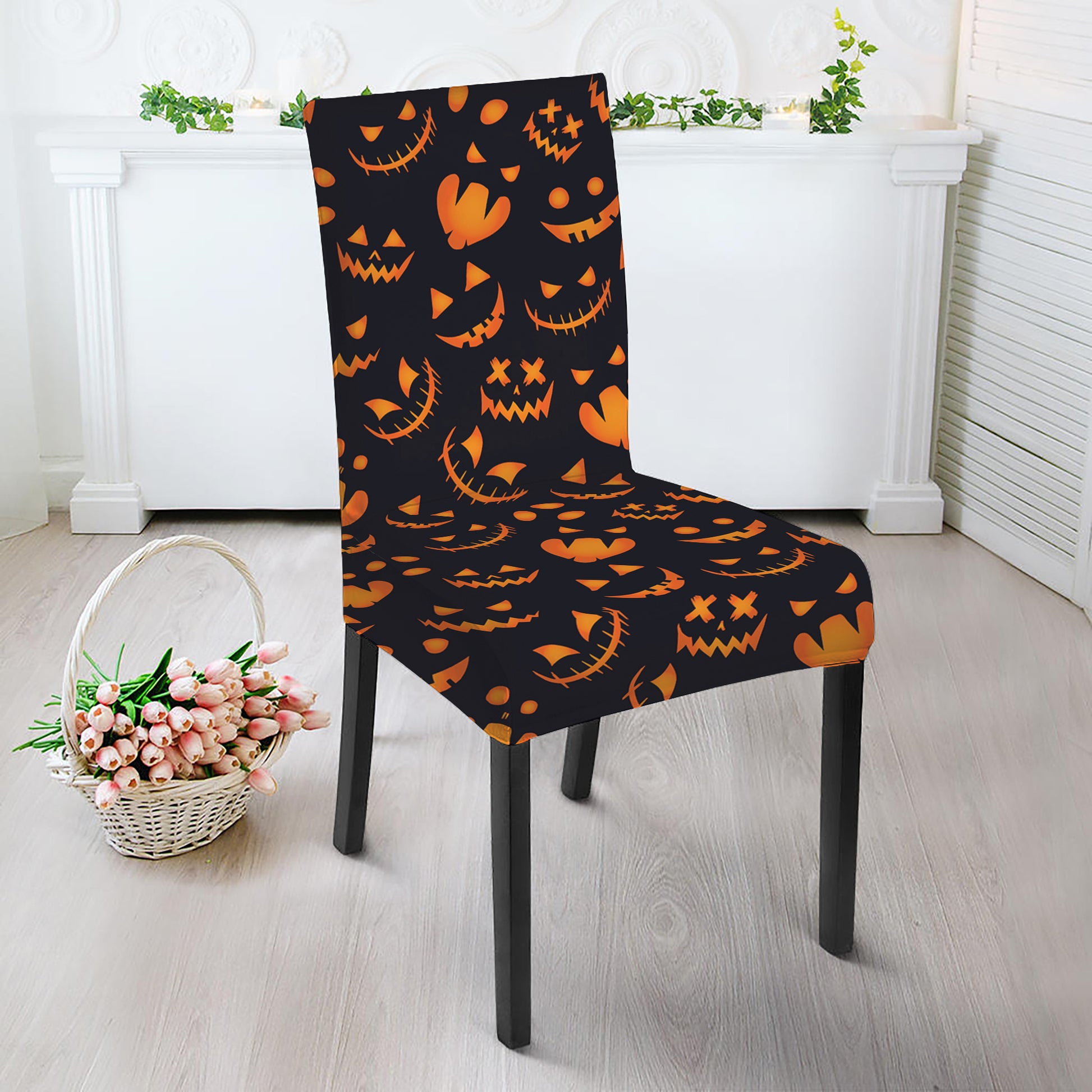 Halloween Pumpkin Faces Pattern Print Dining Chair Slipcover