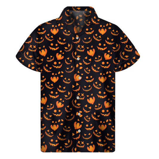 Halloween Pumpkin Faces Pattern Print Men's Short Sleeve Shirt