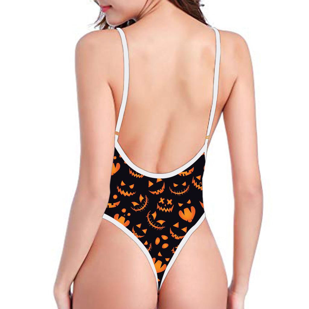 Halloween Pumpkin Faces Pattern Print One Piece High Cut Swimsuit