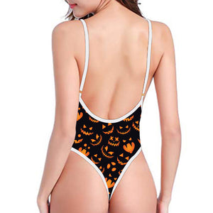 Halloween Pumpkin Faces Pattern Print One Piece High Cut Swimsuit