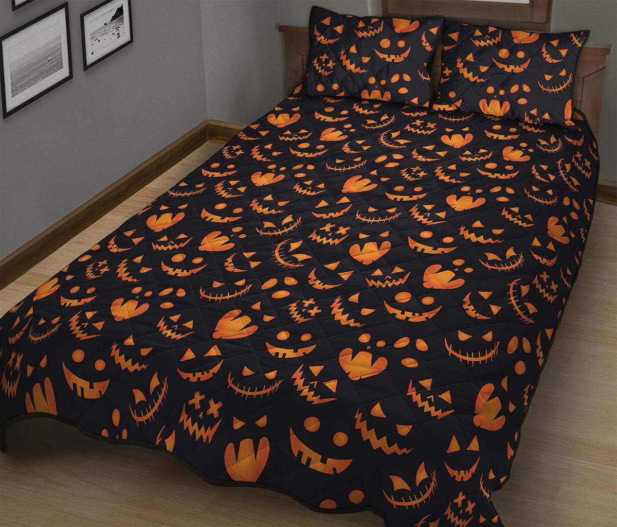 Halloween Pumpkin Faces Pattern Print Quilt Bed Set
